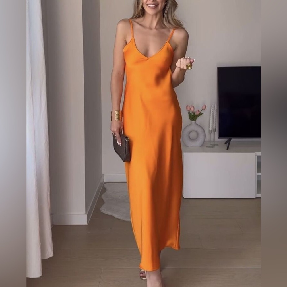 Zara dress maxi midi hot orange satin effect wedding party cocktail - Picture 6 of 16